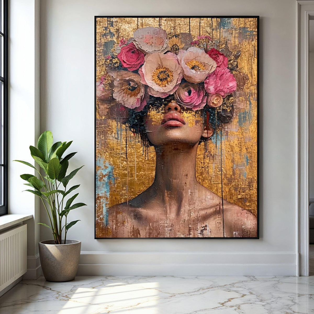 Abstract Woman Portrait with Floral Crown Canvas, Modern Face Art, Gold Background, Contemporary Wall Gift Art, Home Decor, Print