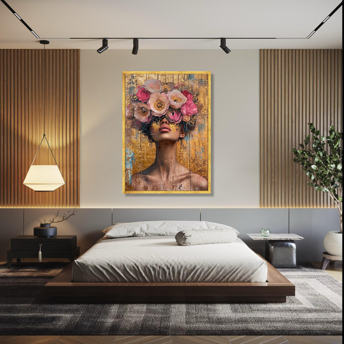 Abstract Woman Portrait with Floral Crown Canvas, Modern Face Art, Gold Background, Contemporary Wall Gift Art, Home Decor, Print