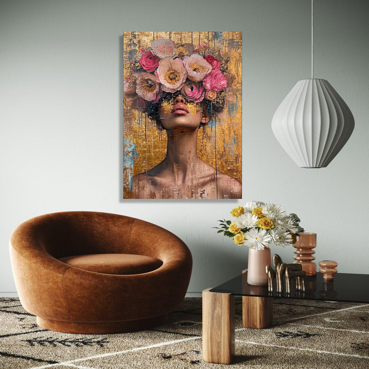 Abstract Woman Portrait with Floral Crown Canvas, Modern Face Art, Gold Background, Contemporary Wall Gift Art, Home Decor, Print