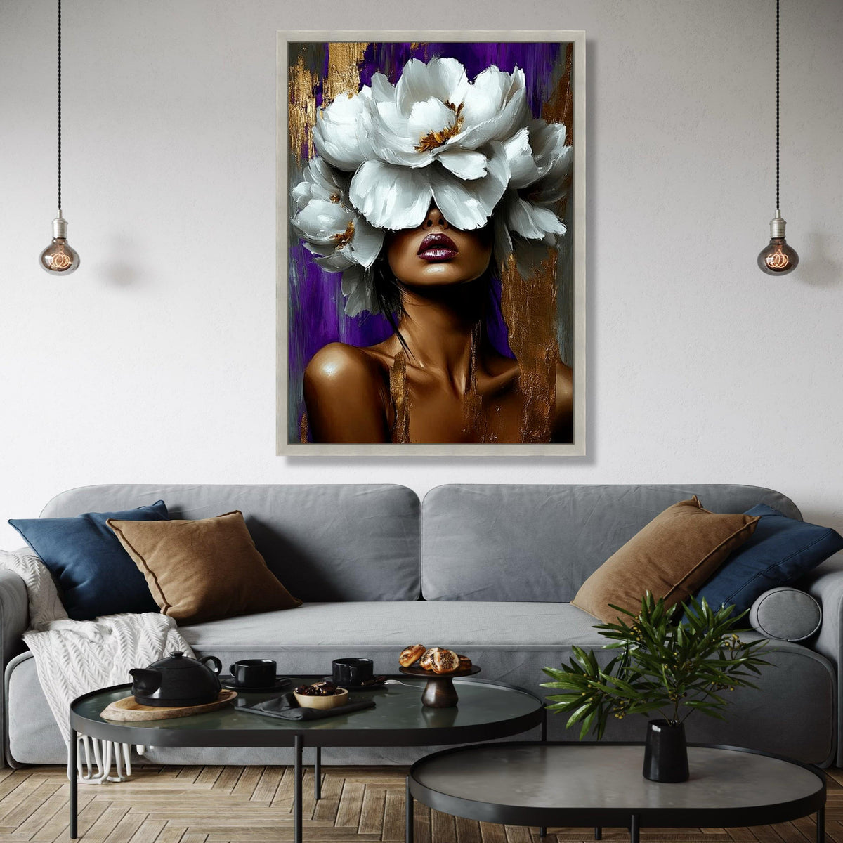 Bold Woman Portrait with White Floral Crown Canvas, Abstract Face Art, Modern Glam Wall Decor, Purple and Gold Gift Art, Home Decor, Print