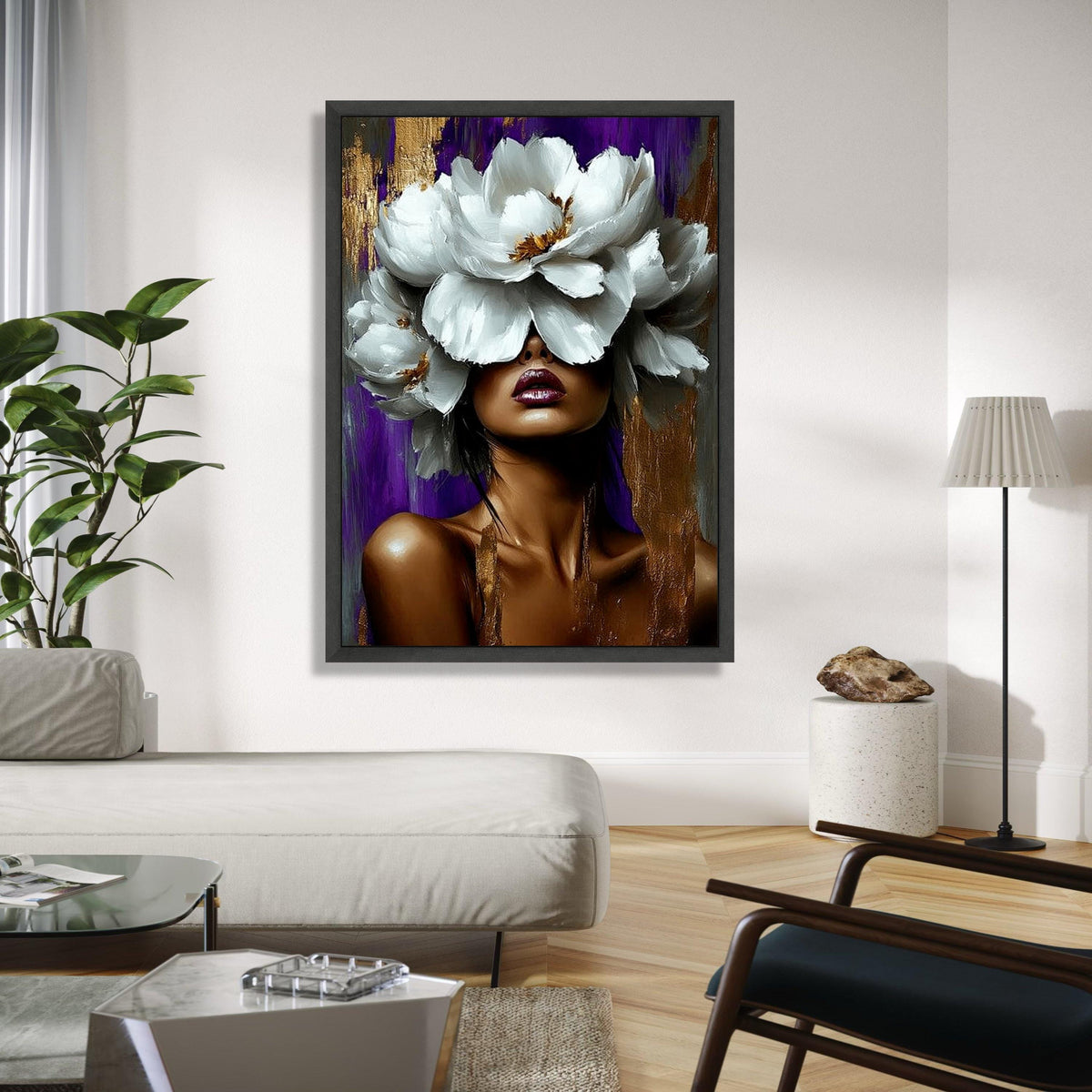 Bold Woman Portrait with White Floral Crown Canvas, Abstract Face Art, Modern Glam Wall Decor, Purple and Gold Gift Art, Home Decor, Print
