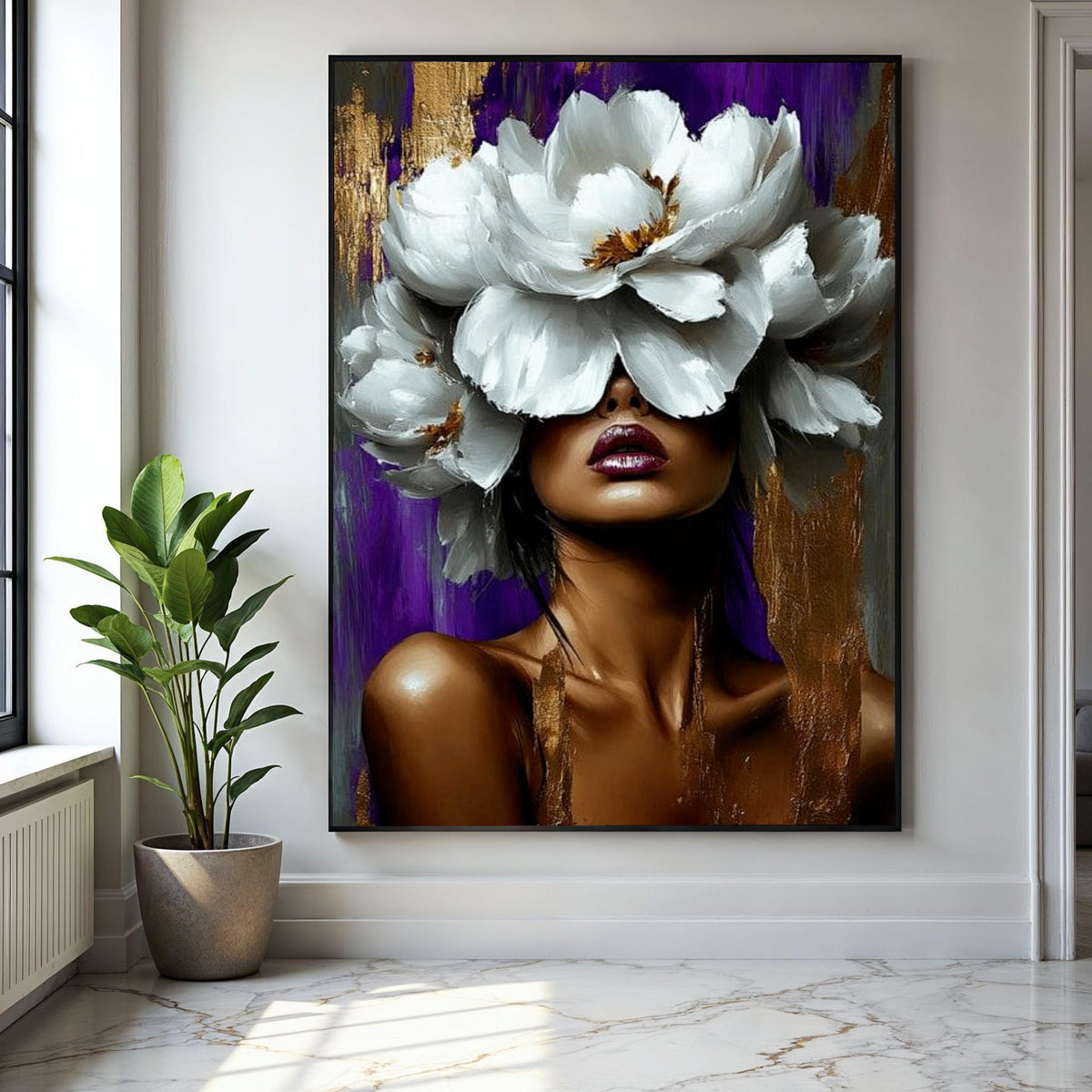Bold Woman Portrait with White Floral Crown Canvas, Abstract Face Art, Modern Glam Wall Decor, Purple and Gold Gift Art, Home Decor, Print
