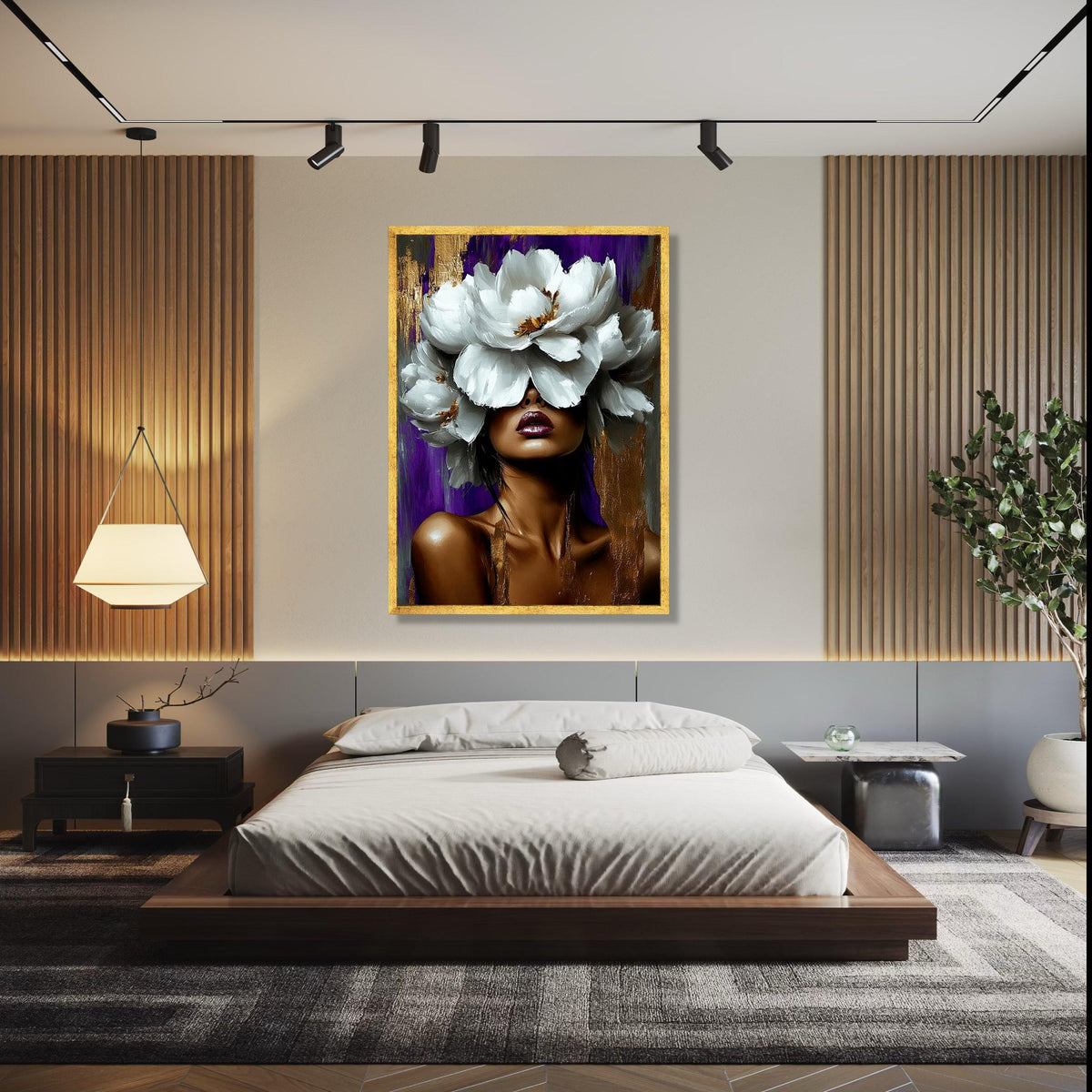 Bold Woman Portrait with White Floral Crown Canvas, Abstract Face Art, Modern Glam Wall Decor, Purple and Gold Gift Art, Home Decor, Print