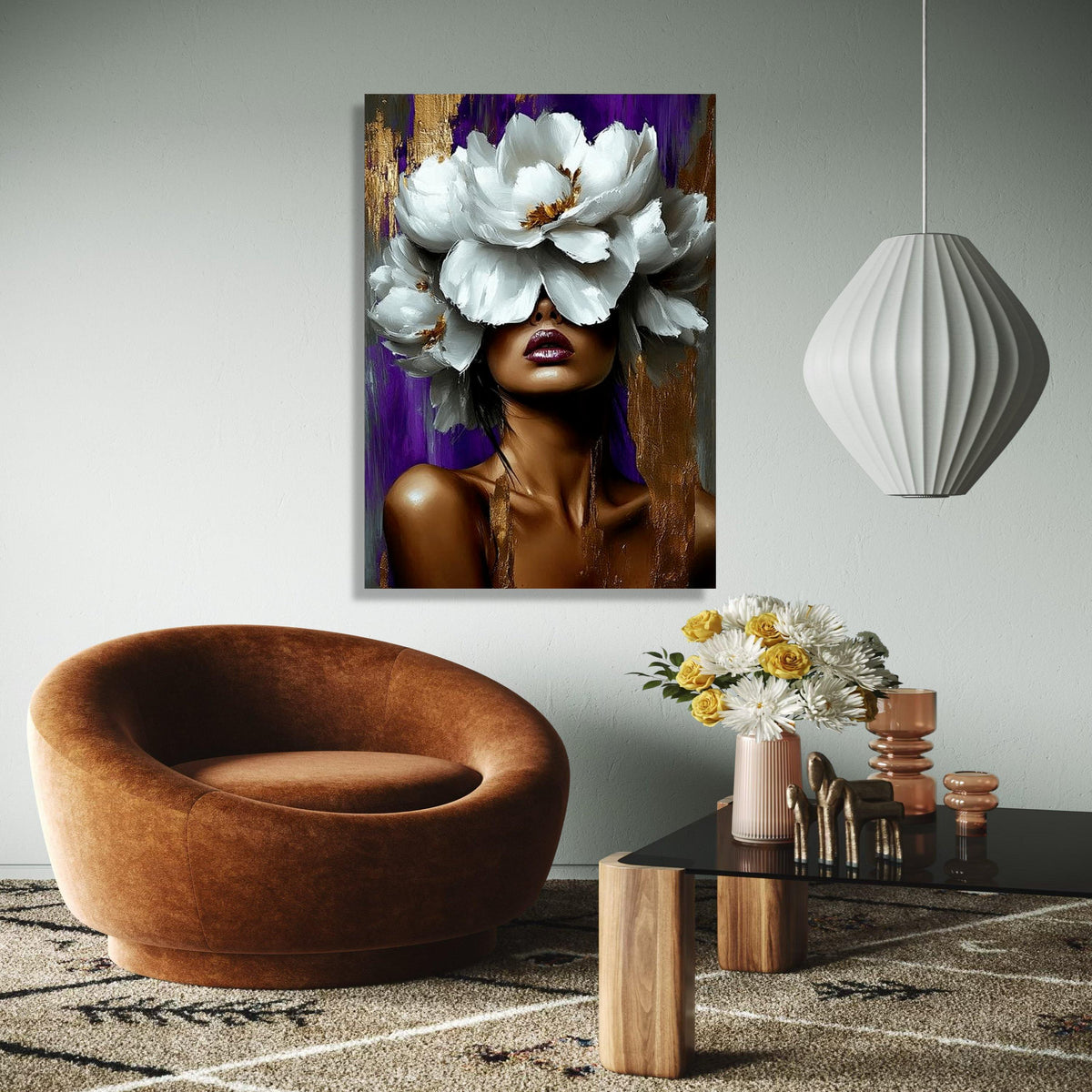Bold Woman Portrait with White Floral Crown Canvas, Abstract Face Art, Modern Glam Wall Decor, Purple and Gold Gift Art, Home Decor, Print