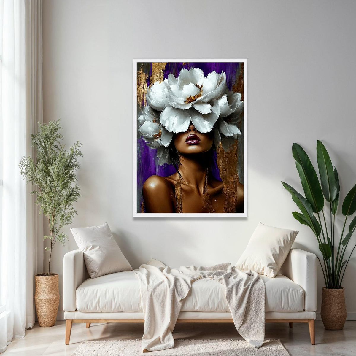 Bold Woman Portrait with White Floral Crown Canvas, Abstract Face Art, Modern Glam Wall Decor, Purple and Gold Gift Art, Home Decor, Print