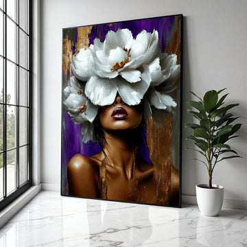 Bold Woman Portrait with White Floral Crown Canvas, Abstract Face Art, Modern Glam Wall Decor, Purple and Gold Gift Art, Home Decor, Print