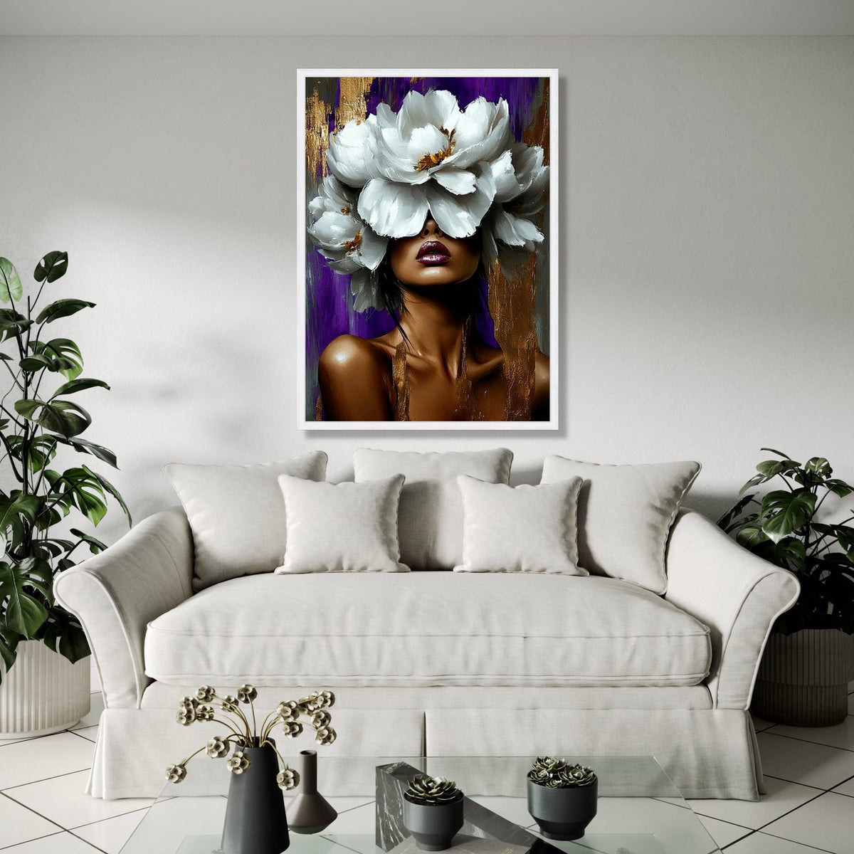 Bold Woman Portrait with White Floral Crown Canvas, Abstract Face Art, Modern Glam Wall Decor, Purple and Gold Gift Art, Home Decor, Print