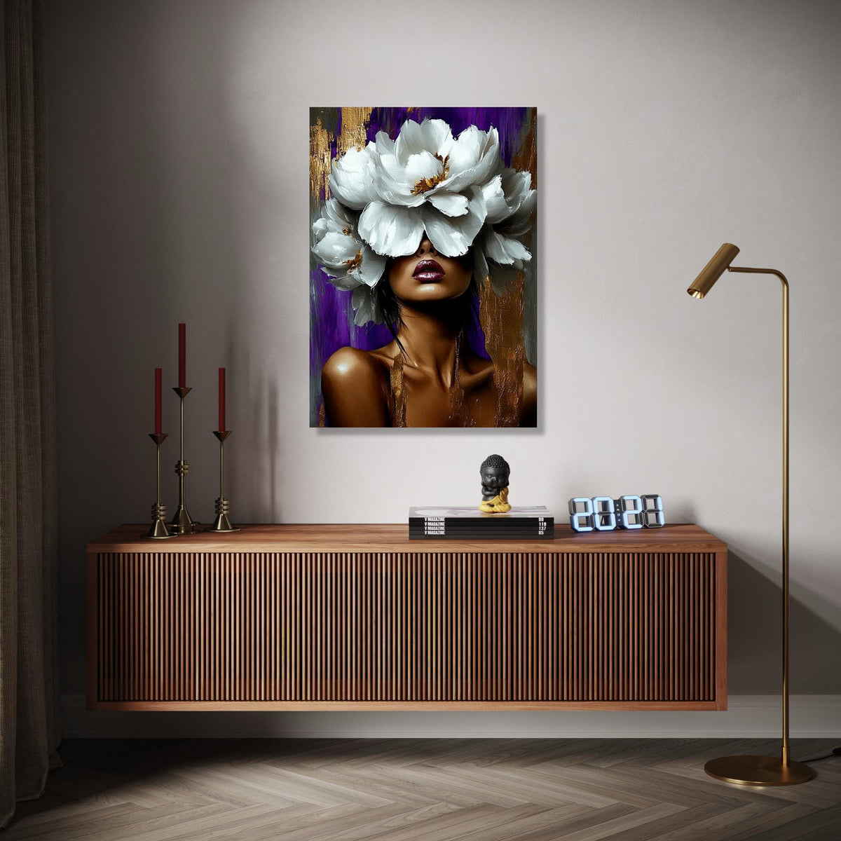 Bold Woman Portrait with White Floral Crown Canvas, Abstract Face Art, Modern Glam Wall Decor, Purple and Gold Gift Art, Home Decor, Print