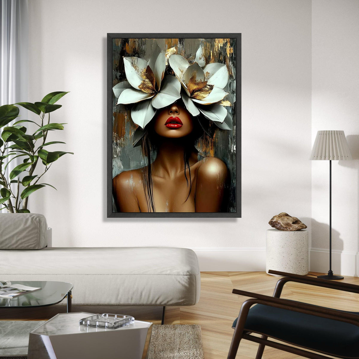 Elegant Woman Portrait Canvas, Floral Headpiece Wall Art, Contemporary Face Painting, Modern Artistic Decor, Gift Art, Home Decor, Print