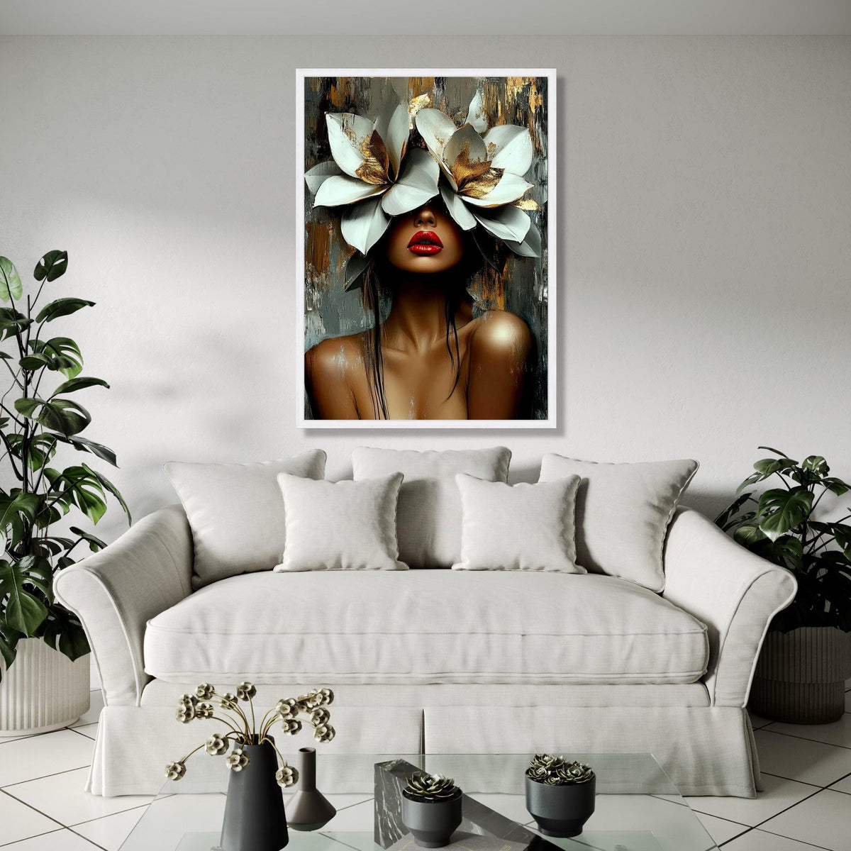 Elegant Woman Portrait Canvas, Floral Headpiece Wall Art, Contemporary Face Painting, Modern Artistic Decor, Gift Art, Home Decor, Print