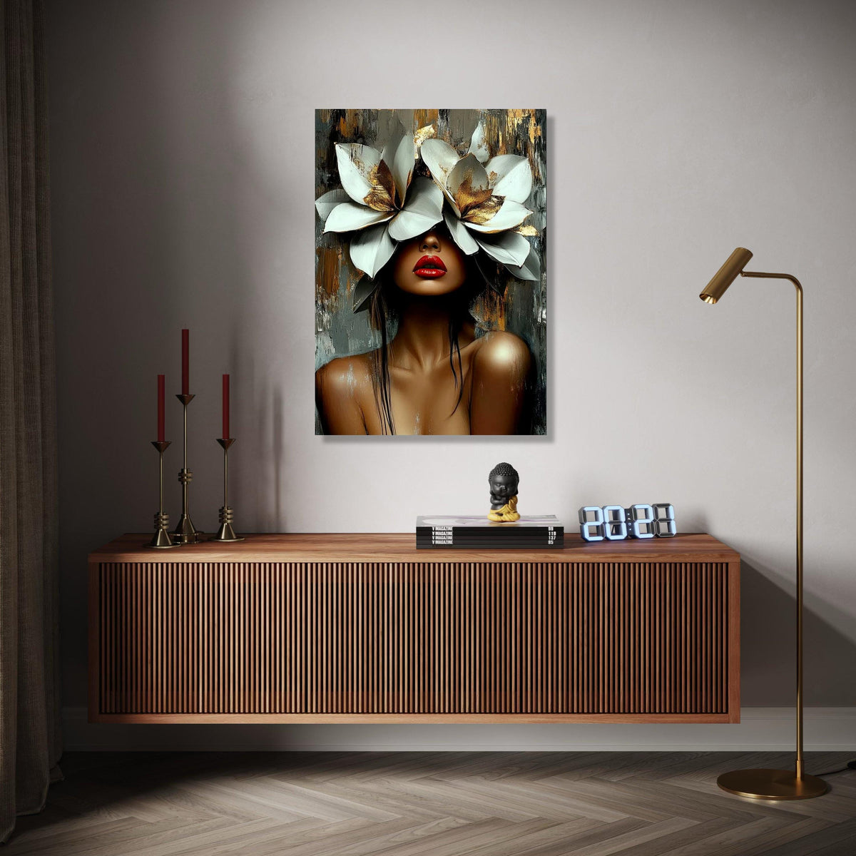 Elegant Woman Portrait Canvas, Floral Headpiece Wall Art, Contemporary Face Painting, Modern Artistic Decor, Gift Art, Home Decor, Print