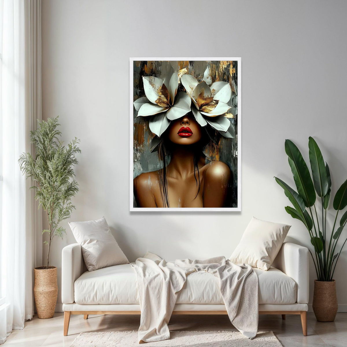 Elegant Woman Portrait Canvas, Floral Headpiece Wall Art, Contemporary Face Painting, Modern Artistic Decor, Gift Art, Home Decor, Print