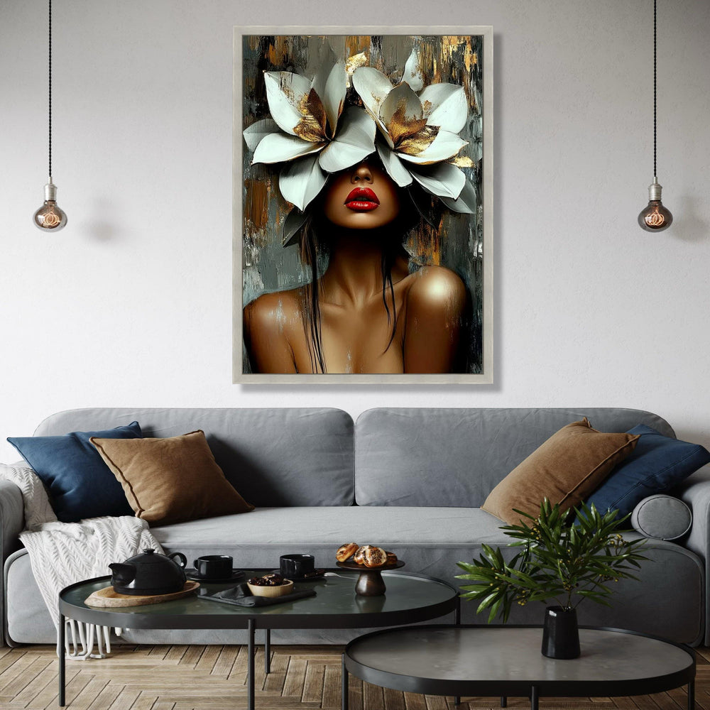 Elegant Woman Portrait Canvas, Floral Headpiece Wall Art, Contemporary Face Painting, Modern Artistic Decor, Gift Art, Home Decor, Print