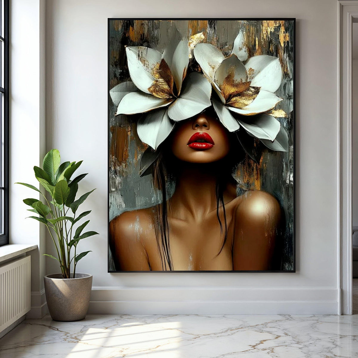 Elegant Woman Portrait Canvas, Floral Headpiece Wall Art, Contemporary Face Painting, Modern Artistic Decor, Gift Art, Home Decor, Print