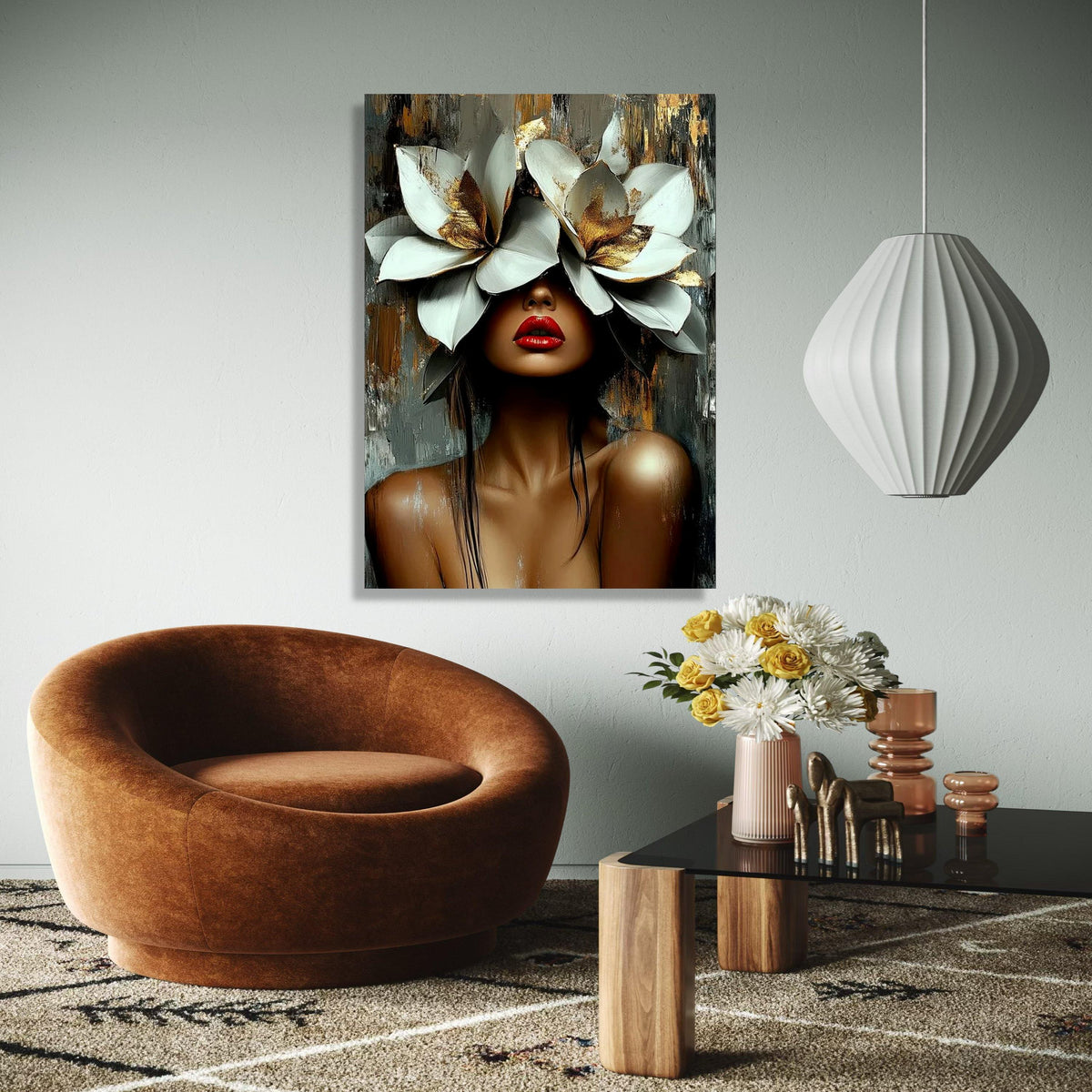 Elegant Woman Portrait Canvas, Floral Headpiece Wall Art, Contemporary Face Painting, Modern Artistic Decor, Gift Art, Home Decor, Print