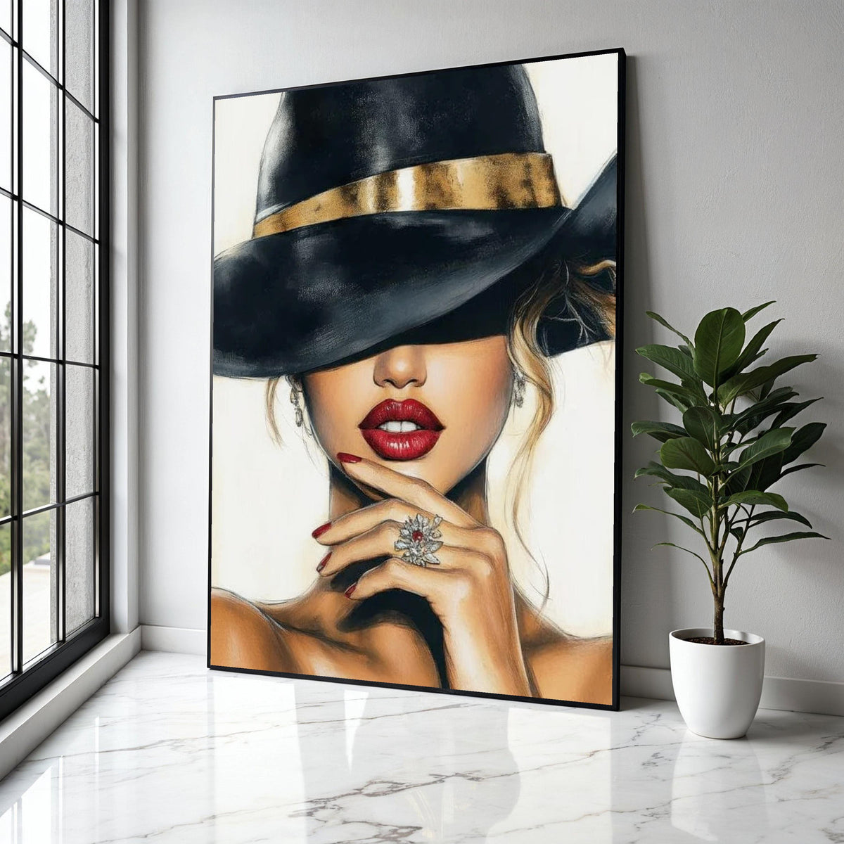 Elegant Woman in Black Hat Canvas, Glamour Portrait Wall Art, Red Lips and Gold Accent, Fashion Illustration Gift Art, Home Decor, Print