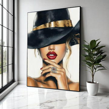 Elegant Woman in Black Hat Canvas, Glamour Portrait Wall Art, Red Lips and Gold Accent, Fashion Illustration Gift Art, Home Decor, Print