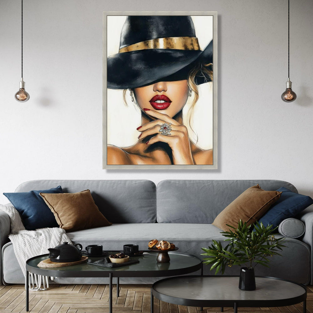 Elegant Woman in Black Hat Canvas, Glamour Portrait Wall Art, Red Lips and Gold Accent, Fashion Illustration Gift Art, Home Decor, Print