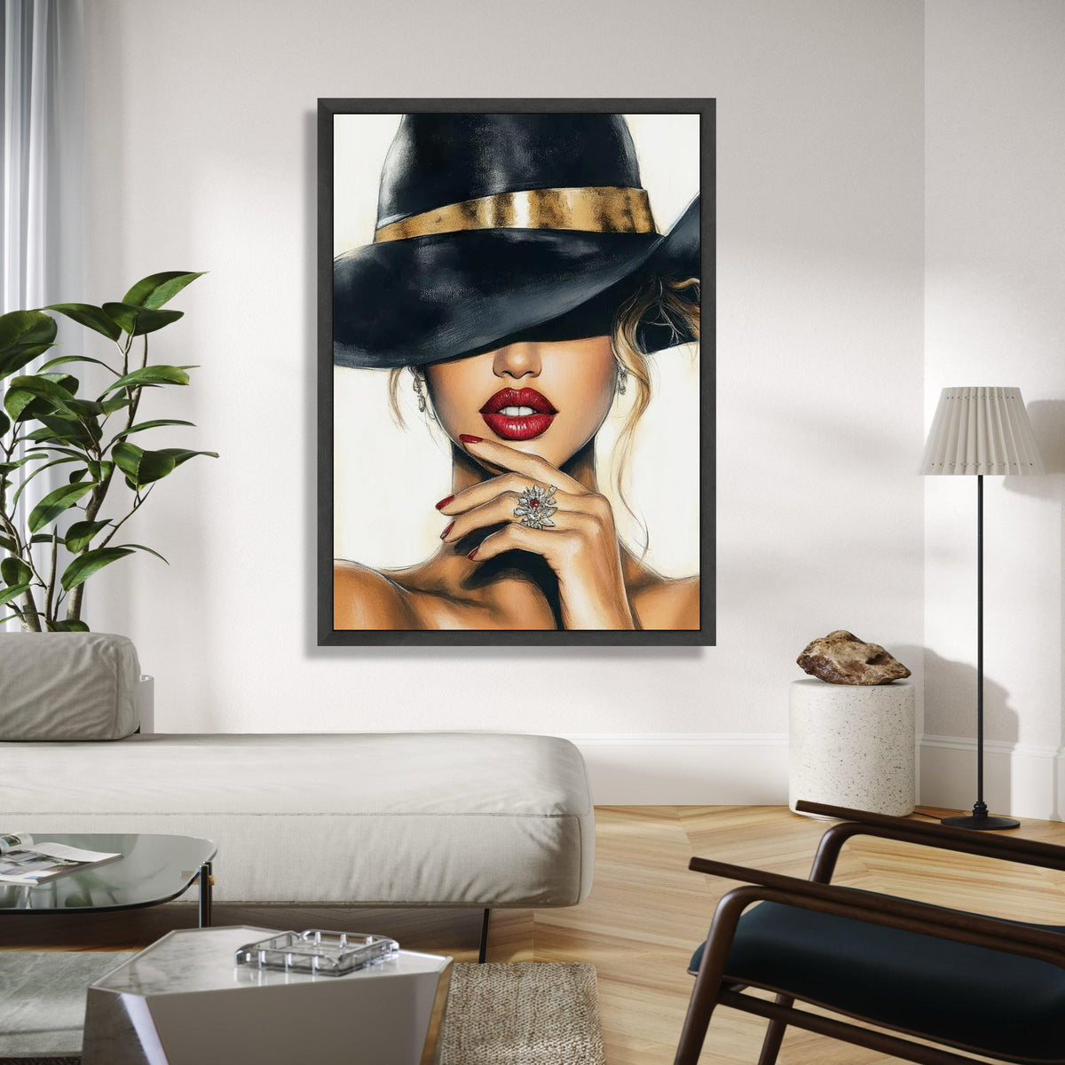 Elegant Woman in Black Hat Canvas, Glamour Portrait Wall Art, Red Lips and Gold Accent, Fashion Illustration Gift Art, Home Decor, Print