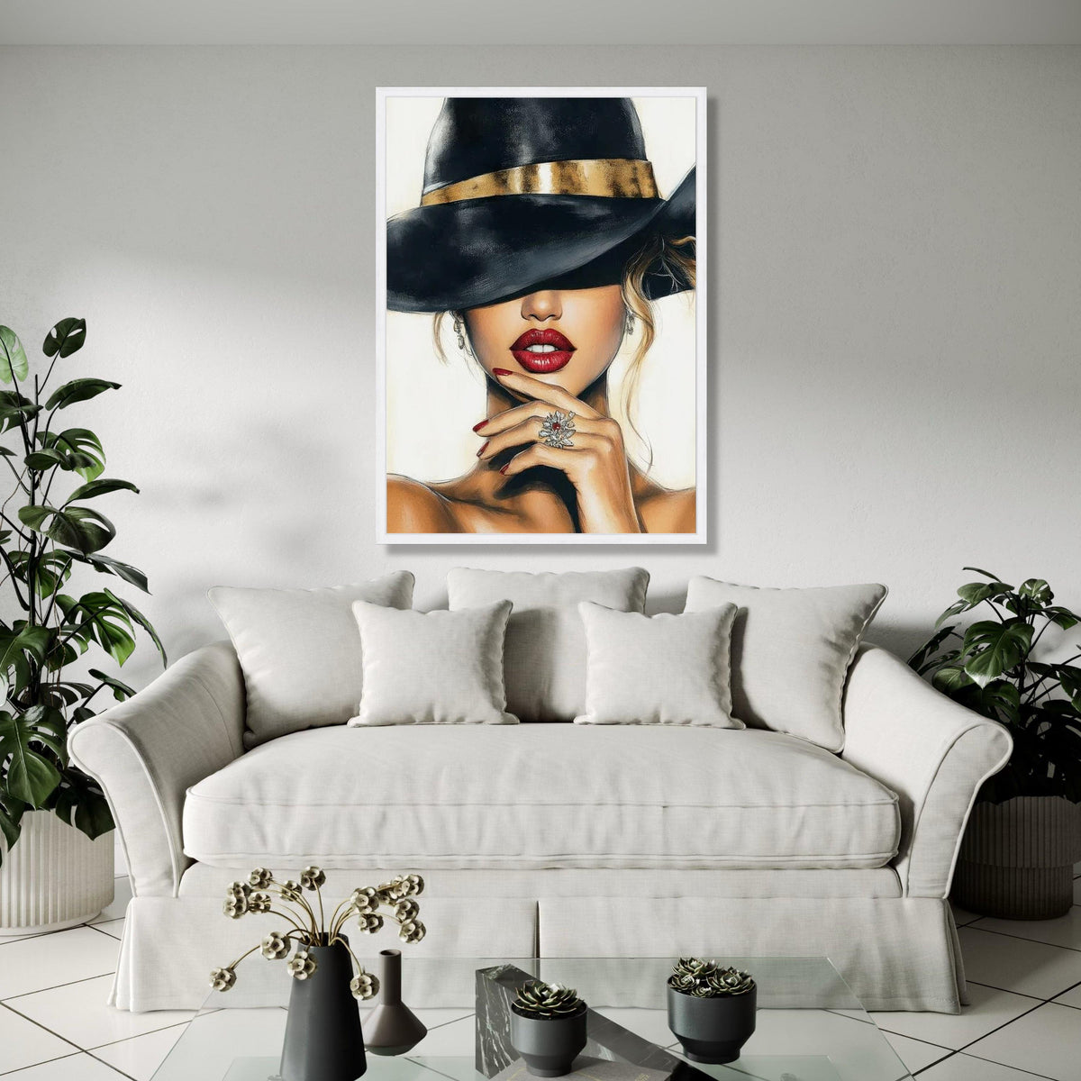 Elegant Woman in Black Hat Canvas, Glamour Portrait Wall Art, Red Lips and Gold Accent, Fashion Illustration Gift Art, Home Decor, Print