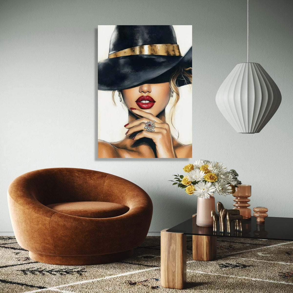 Elegant Woman in Black Hat Canvas, Glamour Portrait Wall Art, Red Lips and Gold Accent, Fashion Illustration Gift Art, Home Decor, Print