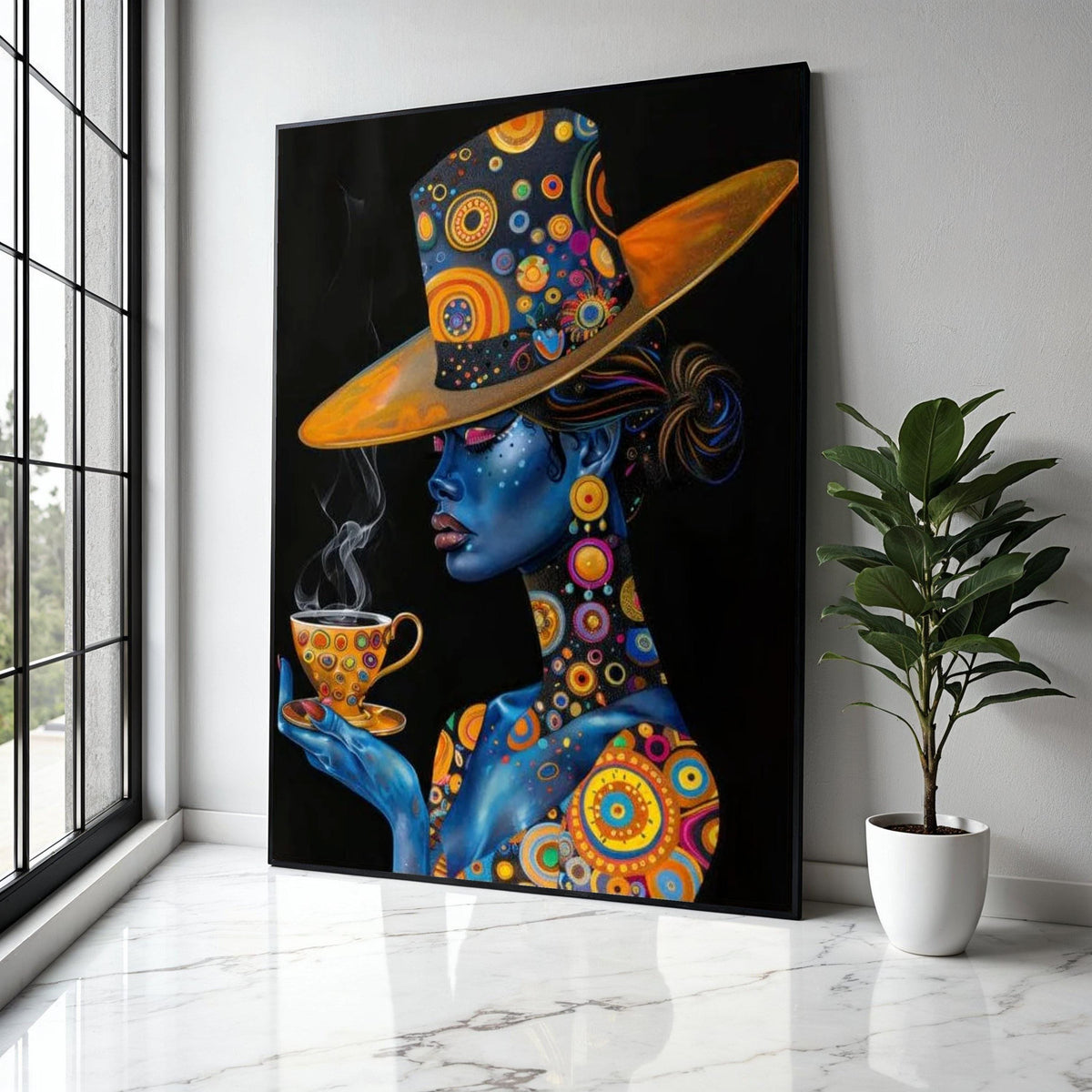 Elegant Blue Woman with Patterned Hat and Teacup Canvas, Abstract Portrait Wall Art, Colorful Modern Decor, Gift Art, Home Decor, Print