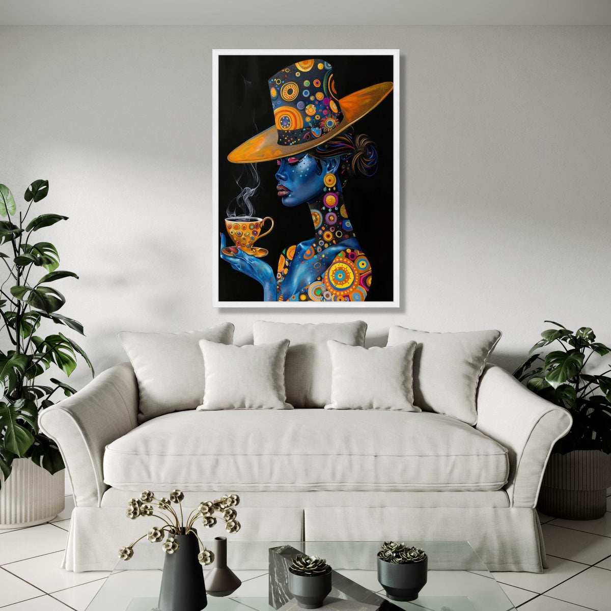 Elegant Blue Woman with Patterned Hat and Teacup Canvas, Abstract Portrait Wall Art, Colorful Modern Decor, Gift Art, Home Decor, Print