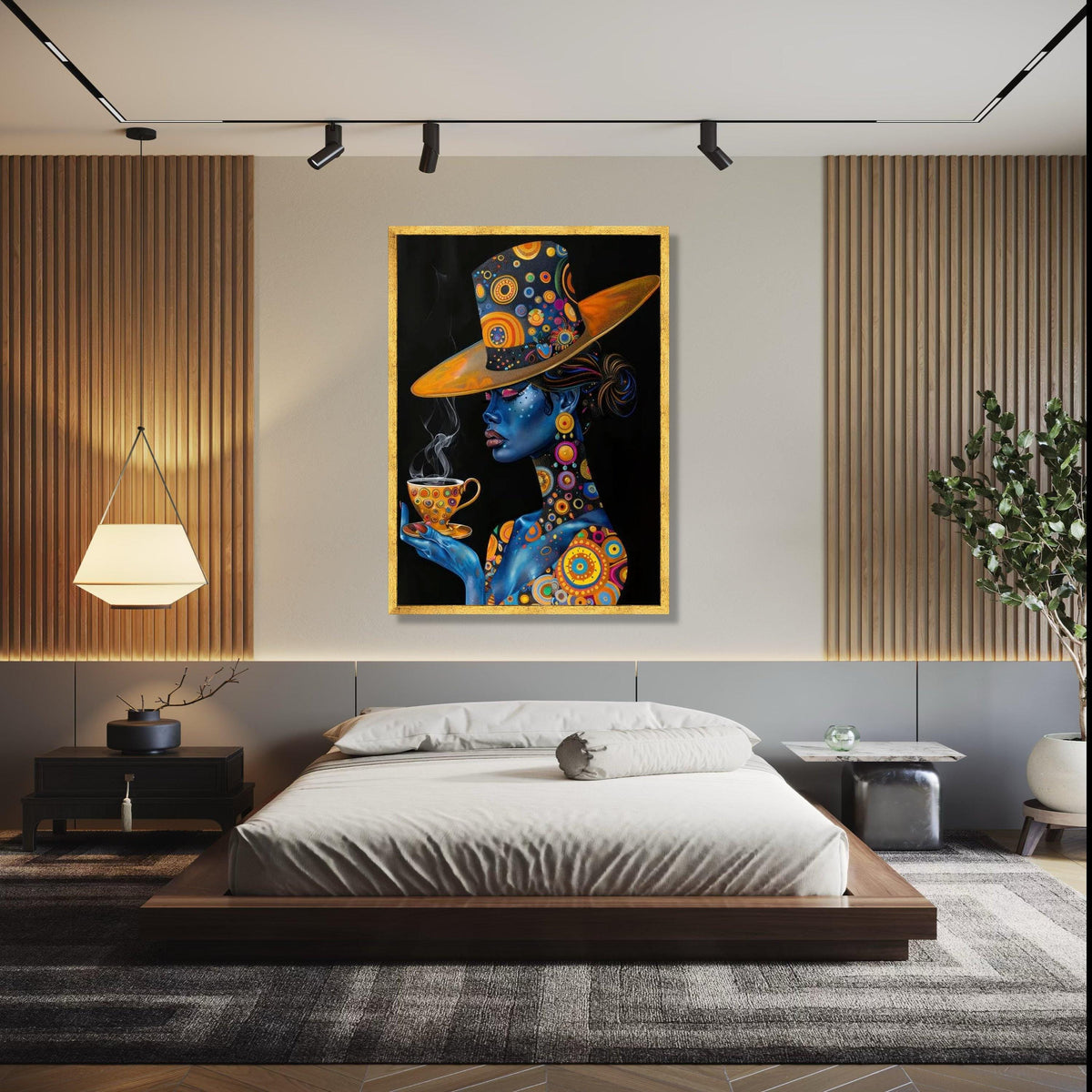 Elegant Blue Woman with Patterned Hat and Teacup Canvas, Abstract Portrait Wall Art, Colorful Modern Decor, Gift Art, Home Decor, Print