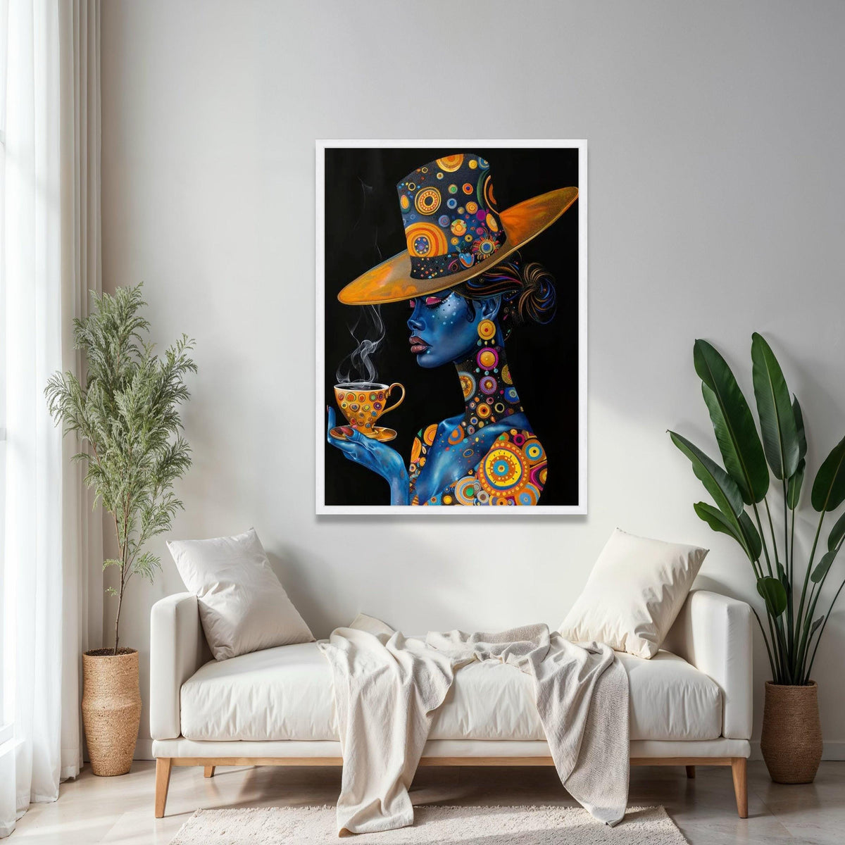 Elegant Blue Woman with Patterned Hat and Teacup Canvas, Abstract Portrait Wall Art, Colorful Modern Decor, Gift Art, Home Decor, Print