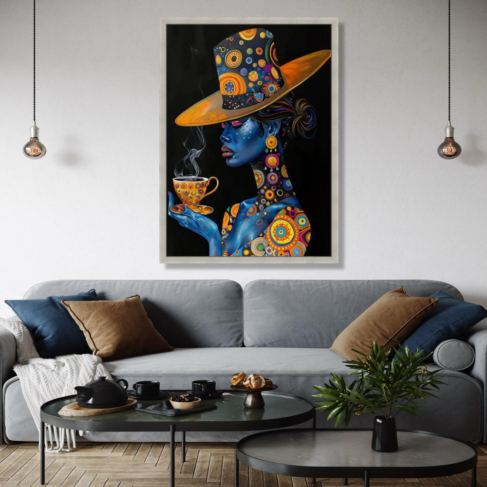 Elegant Blue Woman with Patterned Hat and Teacup Canvas, Abstract Portrait Wall Art, Colorful Modern Decor, Gift Art, Home Decor, Print