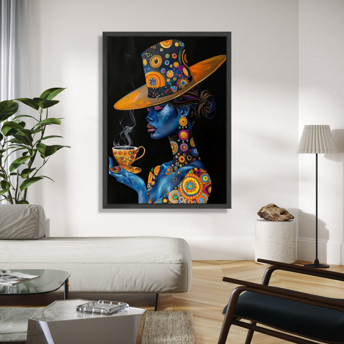 Elegant Blue Woman with Patterned Hat and Teacup Canvas, Abstract Portrait Wall Art, Colorful Modern Decor, Gift Art, Home Decor, Print