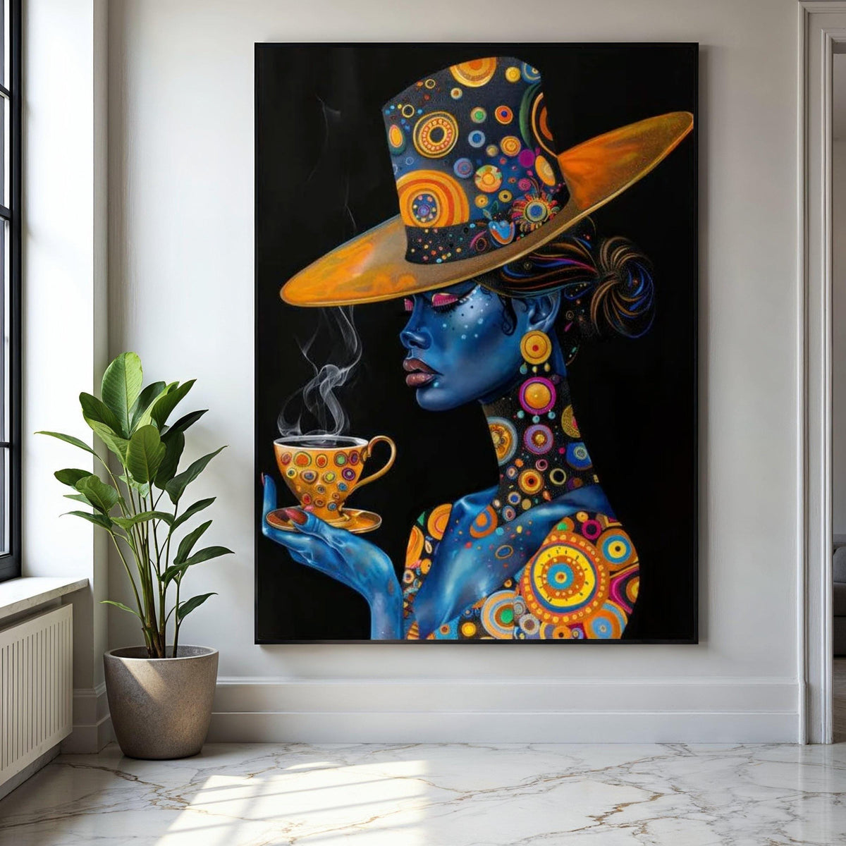 Elegant Blue Woman with Patterned Hat and Teacup Canvas, Abstract Portrait Wall Art, Colorful Modern Decor, Gift Art, Home Decor, Print