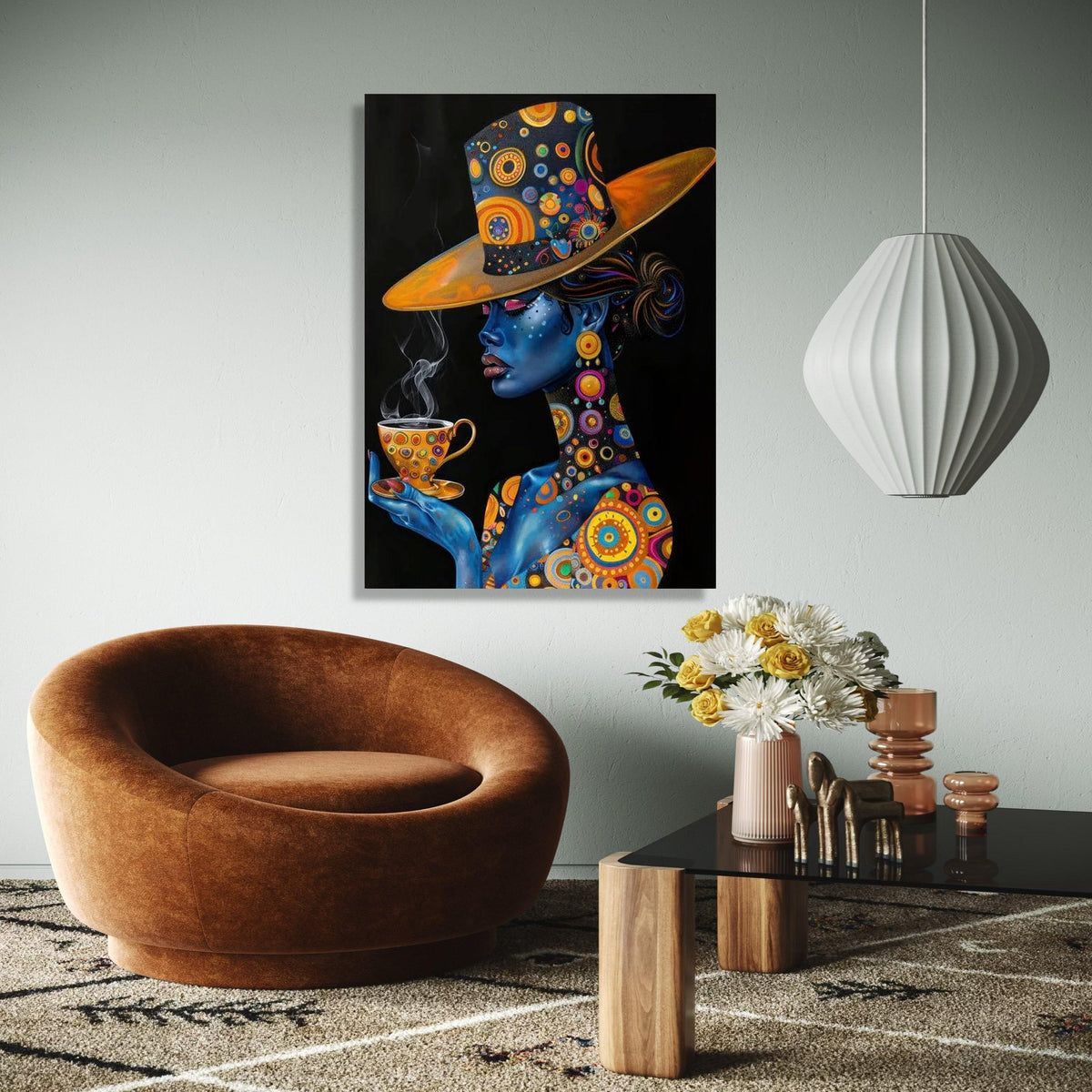 Elegant Blue Woman with Patterned Hat and Teacup Canvas, Abstract Portrait Wall Art, Colorful Modern Decor, Gift Art, Home Decor, Print