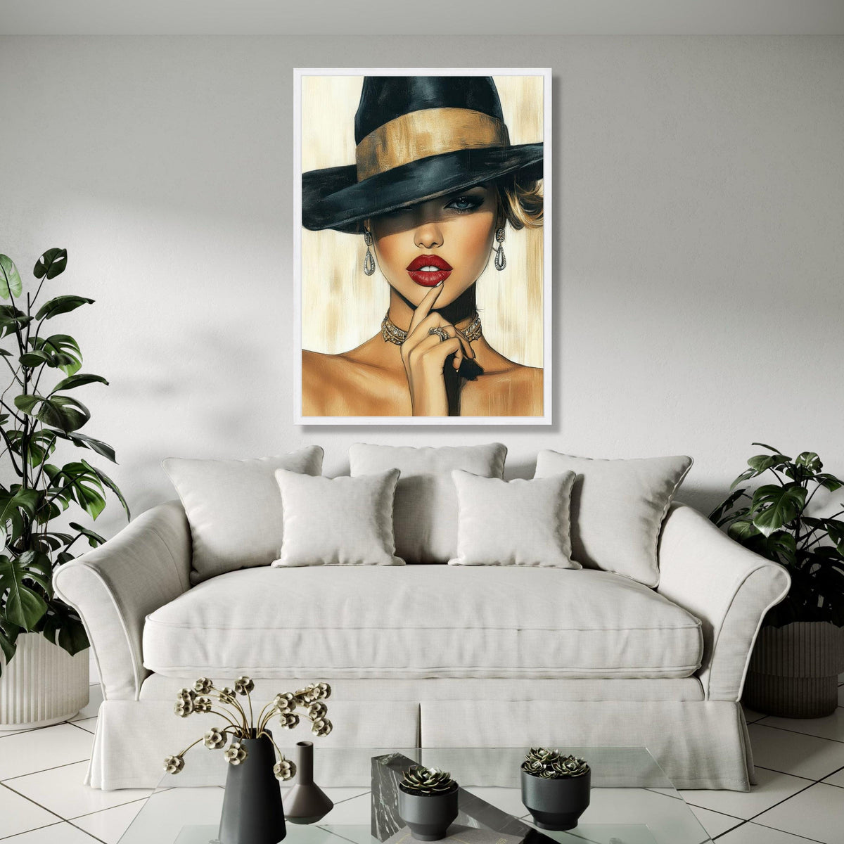 Elegant Woman Portrait Canvas, Fashion Illustration Wall Art, Glamorous Red Lips, Black Hat Canvas, Chic Home Gift Art, Home Decor, Print