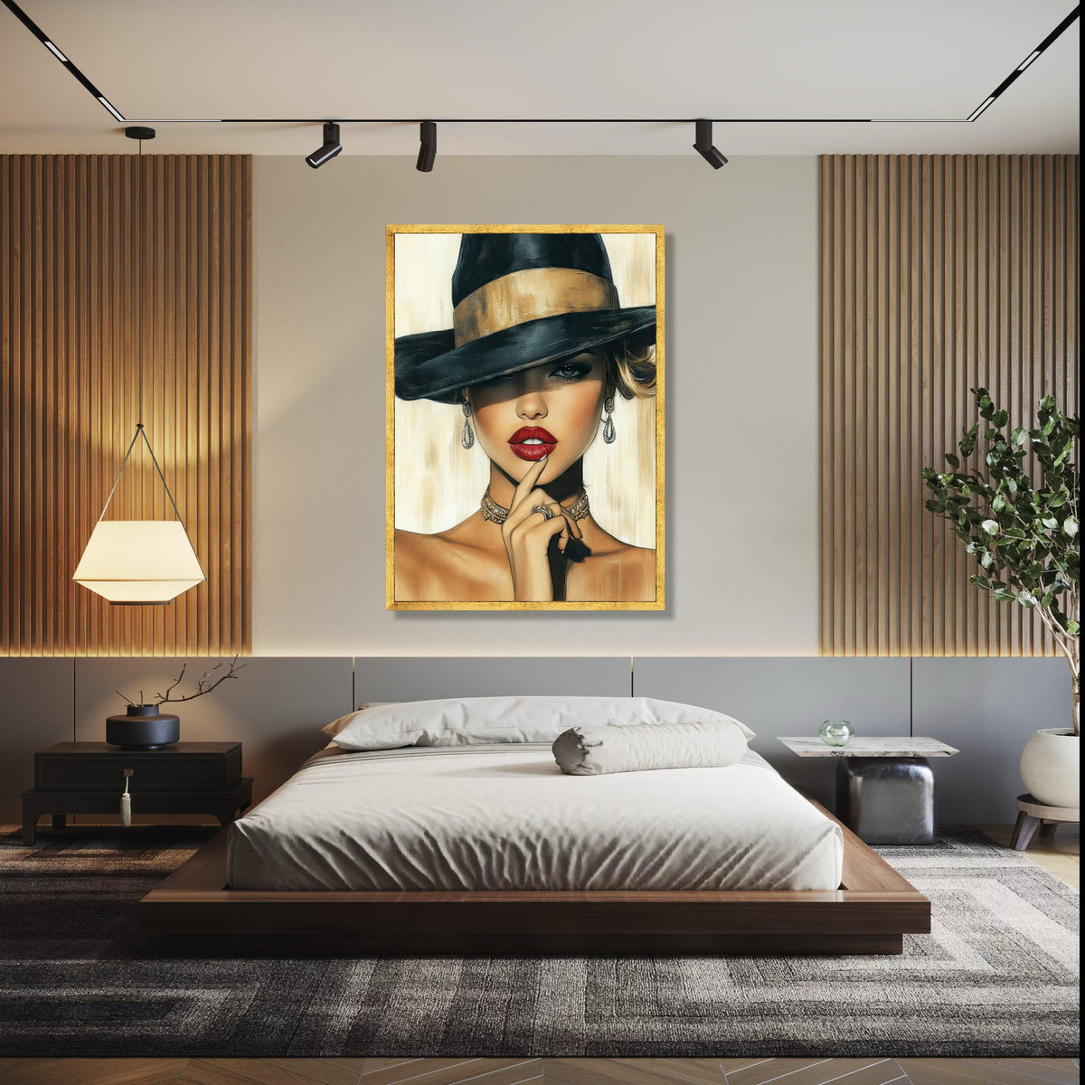 Elegant Woman Portrait Canvas, Fashion Illustration Wall Art, Glamorous Red Lips, Black Hat Canvas, Chic Home Gift Art, Home Decor, Print