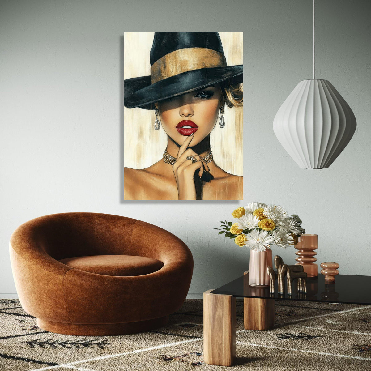 Elegant Woman Portrait Canvas, Fashion Illustration Wall Art, Glamorous Red Lips, Black Hat Canvas, Chic Home Gift Art, Home Decor, Print
