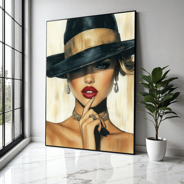 Elegant Woman Portrait Canvas, Fashion Illustration Wall Art, Glamorous Red Lips, Black Hat Canvas, Chic Home Gift Art, Home Decor, Print