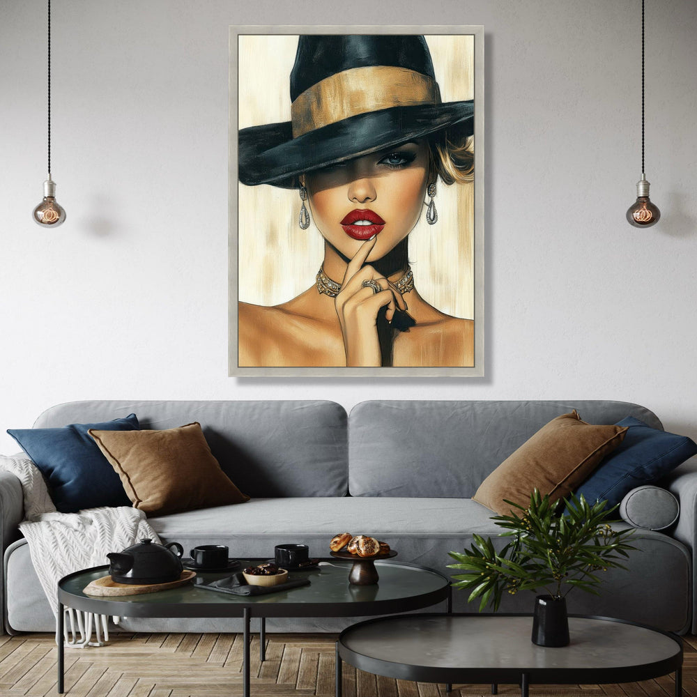 Elegant Woman Portrait Canvas, Fashion Illustration Wall Art, Glamorous Red Lips, Black Hat Canvas, Chic Home Gift Art, Home Decor, Print