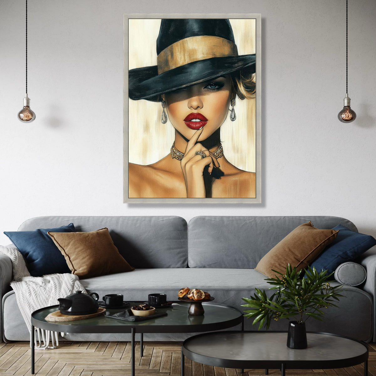 Elegant Woman Portrait Canvas, Fashion Illustration Wall Art, Glamorous Red Lips, Black Hat Canvas, Chic Home Gift Art, Home Decor, Print