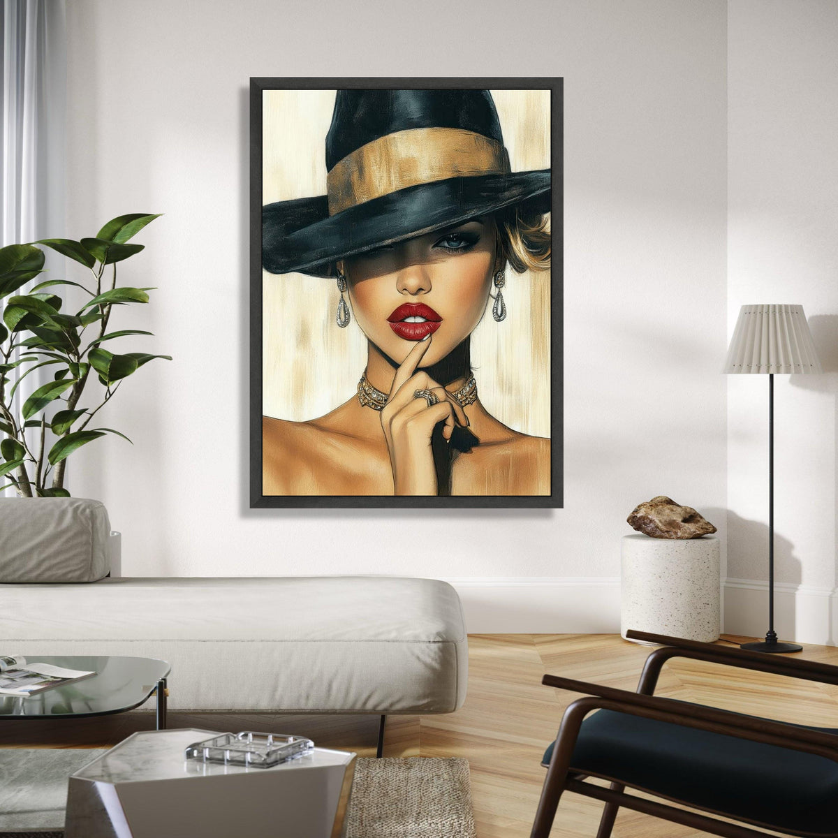 Elegant Woman Portrait Canvas, Fashion Illustration Wall Art, Glamorous Red Lips, Black Hat Canvas, Chic Home Gift Art, Home Decor, Print