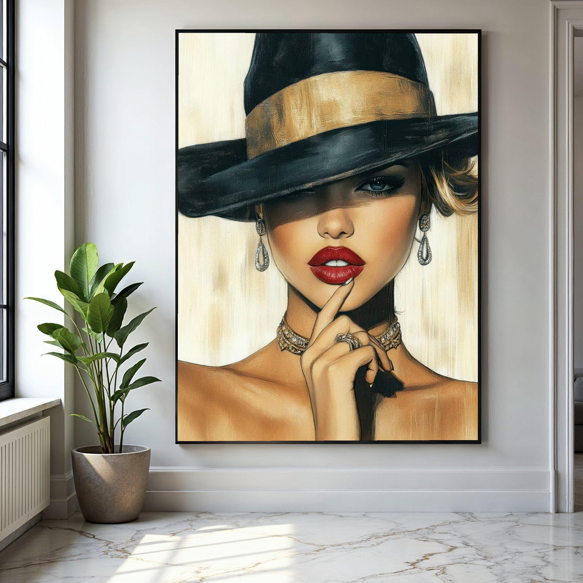 Elegant Woman Portrait Canvas, Fashion Illustration Wall Art, Glamorous Red Lips, Black Hat Canvas, Chic Home Gift Art, Home Decor, Print