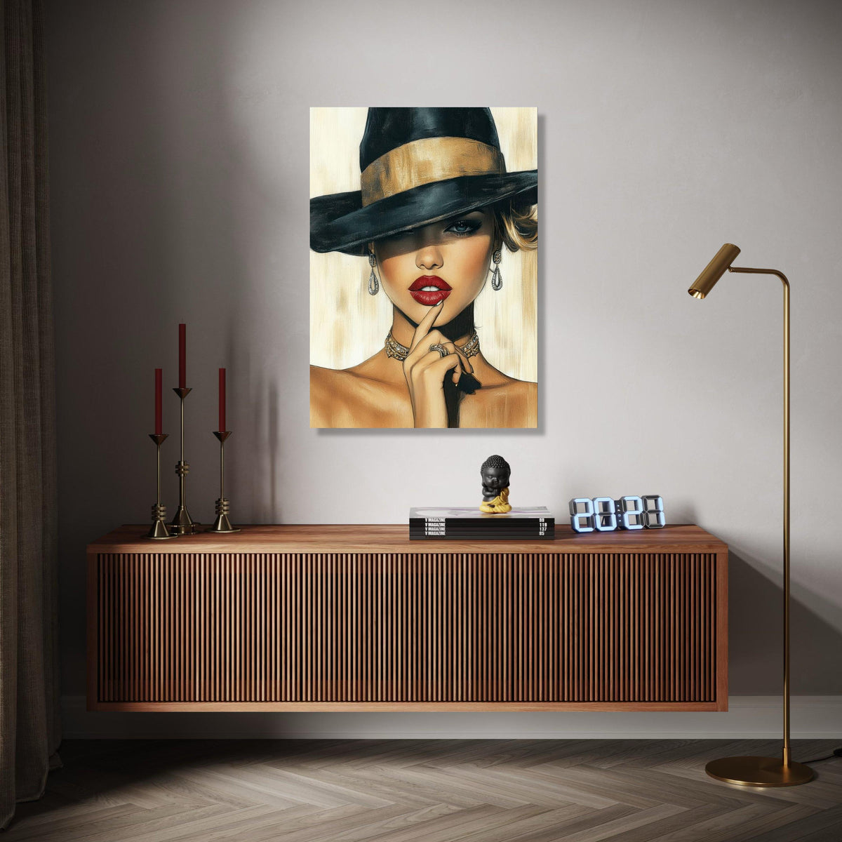 Elegant Woman Portrait Canvas, Fashion Illustration Wall Art, Glamorous Red Lips, Black Hat Canvas, Chic Home Gift Art, Home Decor, Print