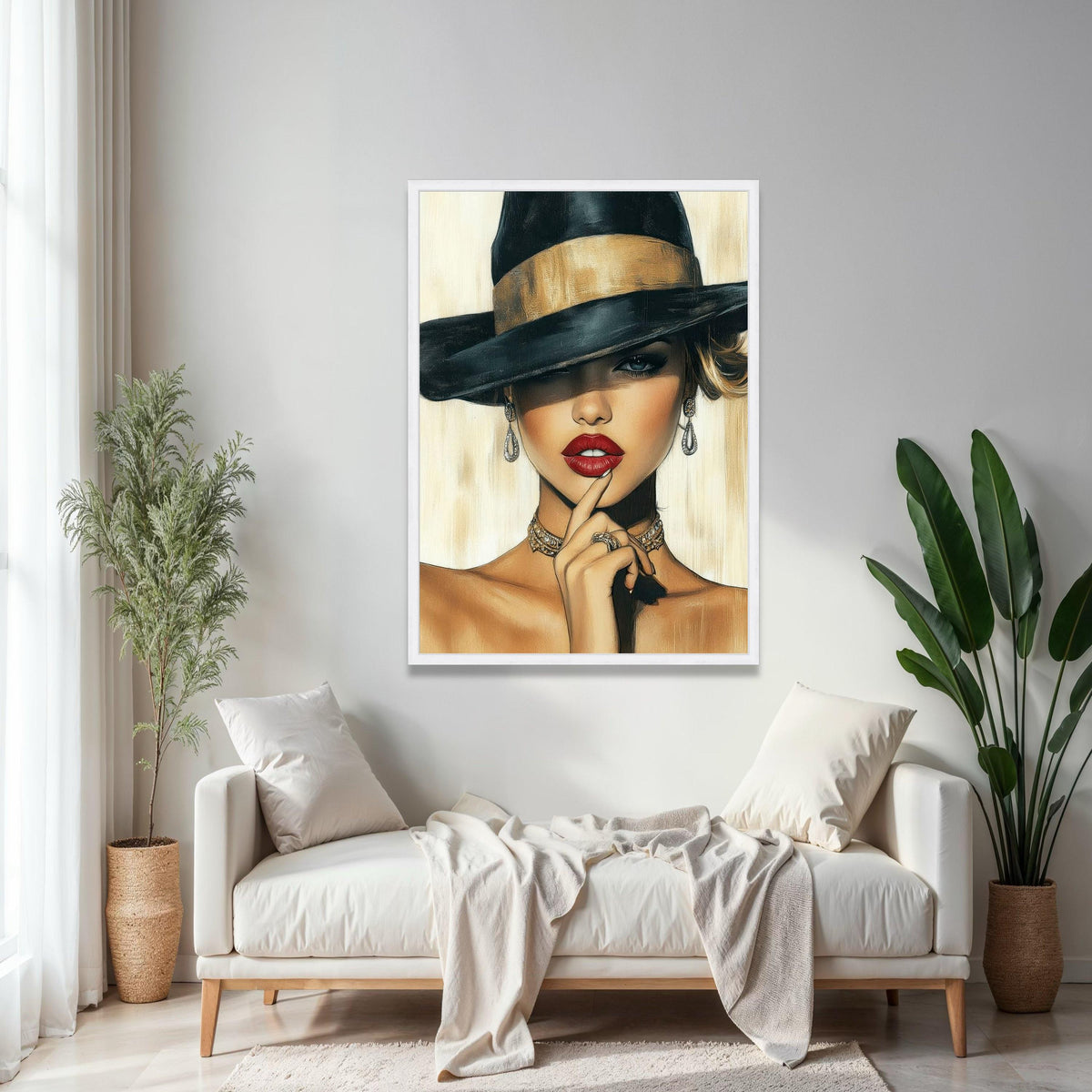 Elegant Woman Portrait Canvas, Fashion Illustration Wall Art, Glamorous Red Lips, Black Hat Canvas, Chic Home Gift Art, Home Decor, Print