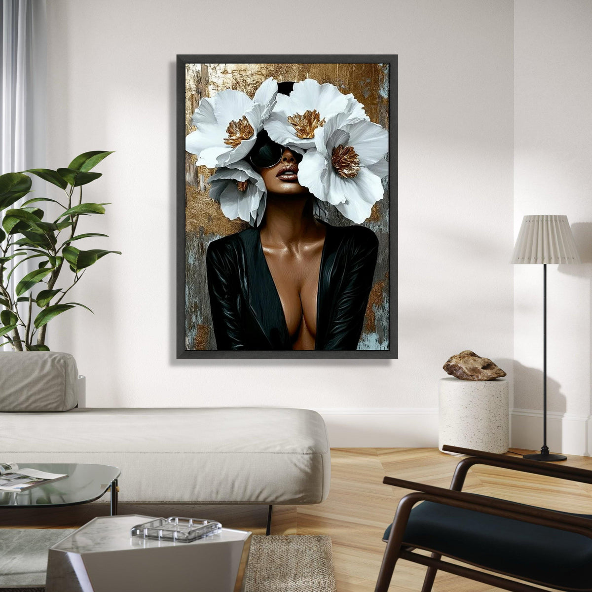 Elegant Woman with Oversized White Flowers Canvas, Modern Glamour Wall Art, Fashion Portrait Canvas, Chic Home Gift Art, Home Decor, Print