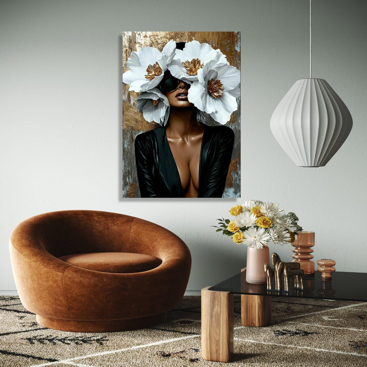 Elegant Woman with Oversized White Flowers Canvas, Modern Glamour Wall Art, Fashion Portrait Canvas, Chic Home Gift Art, Home Decor, Print
