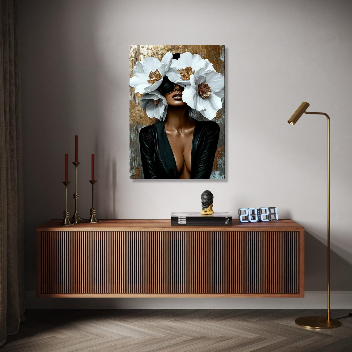 Elegant Woman with Oversized White Flowers Canvas, Modern Glamour Wall Art, Fashion Portrait Canvas, Chic Home Gift Art, Home Decor, Print
