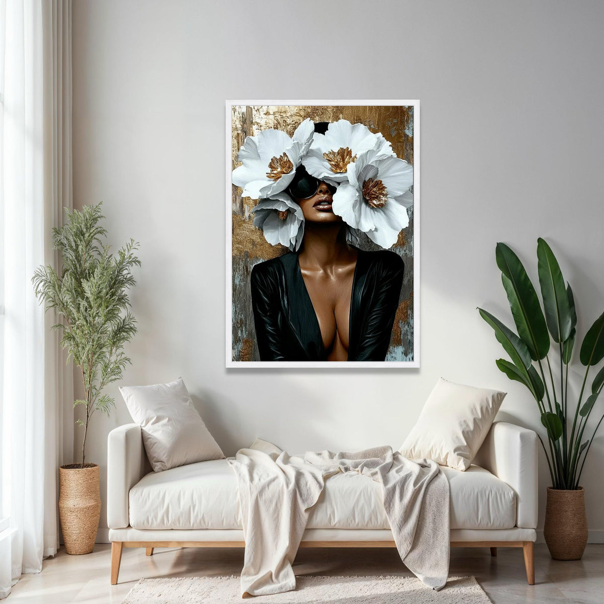 Elegant Woman with Oversized White Flowers Canvas, Modern Glamour Wall Art, Fashion Portrait Canvas, Chic Home Gift Art, Home Decor, Print