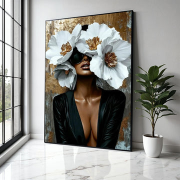 Elegant Woman with Oversized White Flowers Canvas, Modern Glamour Wall Art, Fashion Portrait Canvas, Chic Home Gift Art, Home Decor, Print
