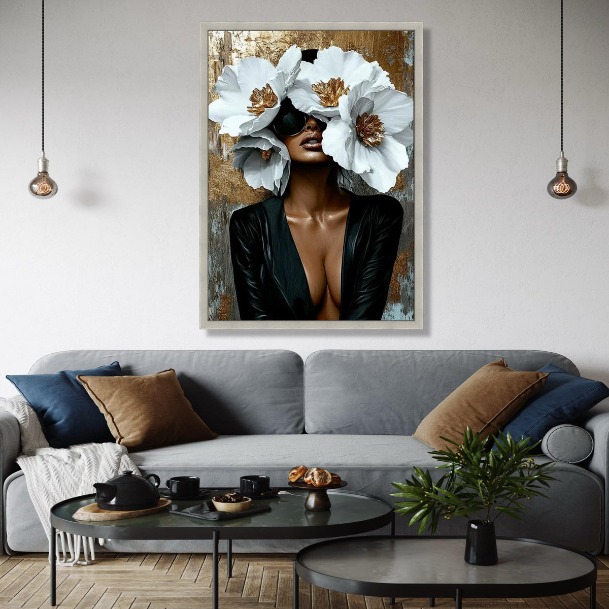 Elegant Woman with Oversized White Flowers Canvas, Modern Glamour Wall Art, Fashion Portrait Canvas, Chic Home Gift Art, Home Decor, Print