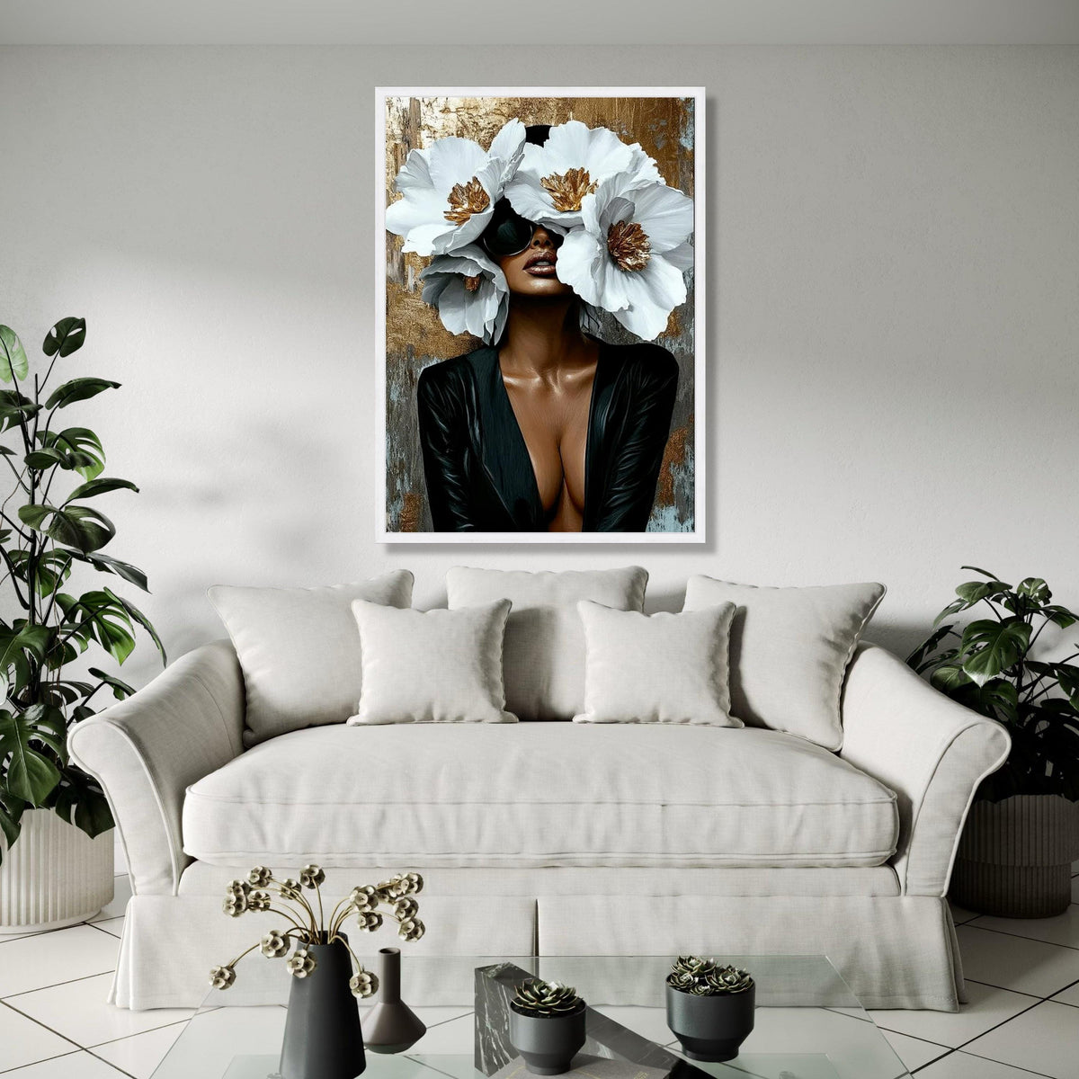 Elegant Woman with Oversized White Flowers Canvas, Modern Glamour Wall Art, Fashion Portrait Canvas, Chic Home Gift Art, Home Decor, Print
